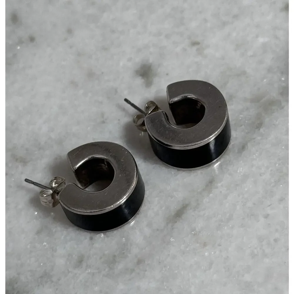 Vintage Sterling Silver Black Onyx Inlay Chunky Small Hoop Earrings